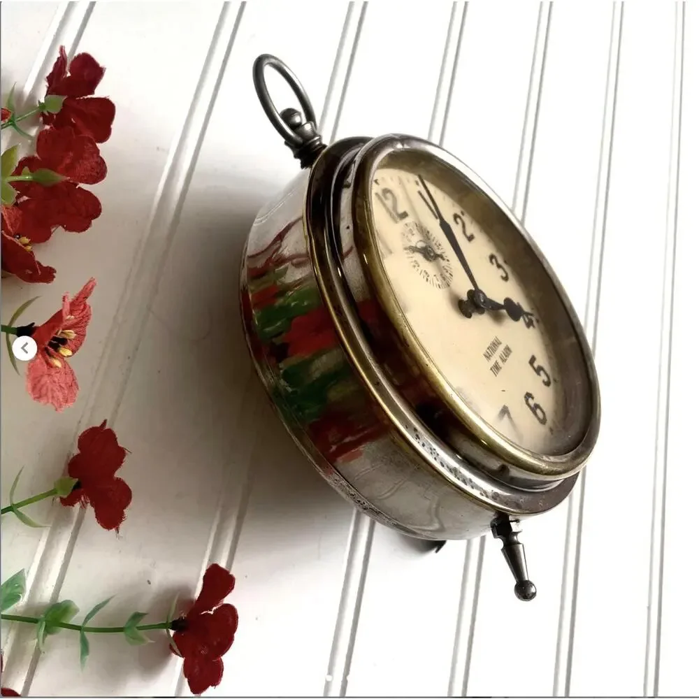 Vintage 1940s Working National Time Alarm Clock Glass Face